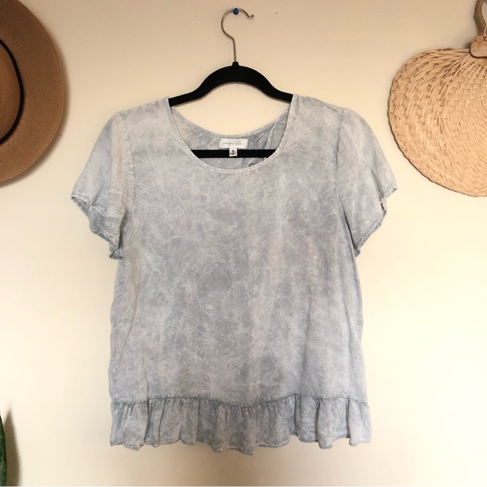 A26 Juniper Blu Shirt Marble Blue Short Sleeve Blouse Ruffle Open Back Sz Small